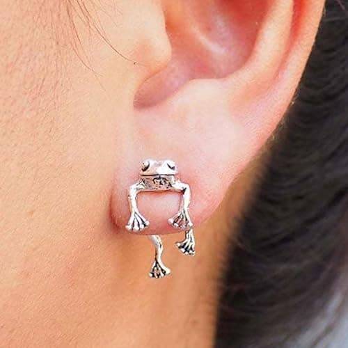 Frog Earrings for Women Easter Basket Stuffers Vintage Frogs Shaped Stud Earrings Funny Cute 3D Animal Earrings Jewelry Gifts - A：silver frog earrings thumbnail 2