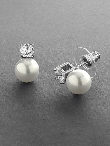Mariell White Pearl Bridal Earrings with Cubic Zirconia Crystal Top, 9mm White Pearl Stud Earring, Perfect for Brides, Bridesmaids, Wedding Party and Everyday Wear thumbnail 6