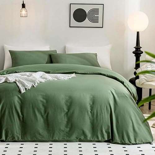 JELLYMONI Green Duvet Cover California King - 100% Washed Cotton Linen Like Textured Comforter Cover, 3 Pieces Breathable Soft Bedding Set with Zipper Closure (Green,Cal King 104"x98") - Image 1