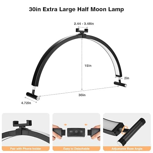 Mznoo Nail Light for Desk, 30'' LED Half Moon Lamp for Nail Techs, Manicure and Handicraft, Adjustable Color Modes and Brightness, with Phone Holder (Black) thumbnail 7