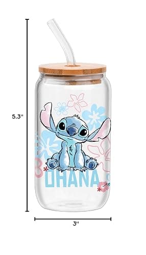 Silver Buffalo Disney Lilo and Stitch Ohana Floral Glass Jar Tumbler with Bamboo Lid and Glass Straw, 16 Ounces thumbnail 3