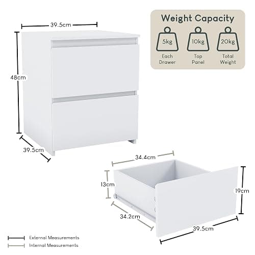 Vida Designs Denver Large 2 Drawer Bedside Chest | White | Space-Saving Storage | 52H x 39.5W x 39.5D cm | Large Side Table | Minimal | Smooth Metal Runner | Modern Bedroom Nightstand Unit thumbnail 2