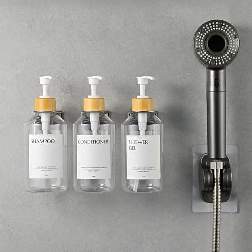 Janxin 3 Pièces Distributeur de Shampoing Mural, Distributeur Savon Mural 500ml, Distributeur de Savon Mural sans Perçage, avec Étiquette Étanche (Flacon Transparent + tête en Bambou Blanc) thumbnail 4