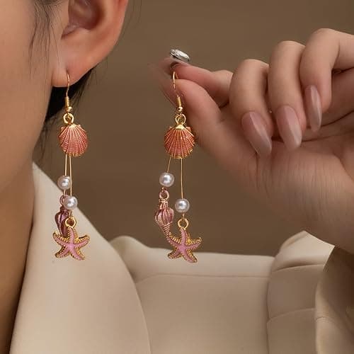 Starfish Earrings Gold Beach Jewelry for Women Pink Conch Shell Earrings Puka Cowrie Seashell Earring Summer Vacation Earring Ocean Jewelry thumbnail 4