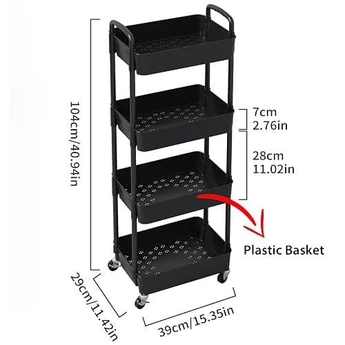 Sywhitta 4-Tier Plastic Rolling Utility Cart with Handle, Multi-Functional Storage Trolley for Office, Living Room, Kitchen, Movable Storage Organizer with Wheels, Black thumbnail 3