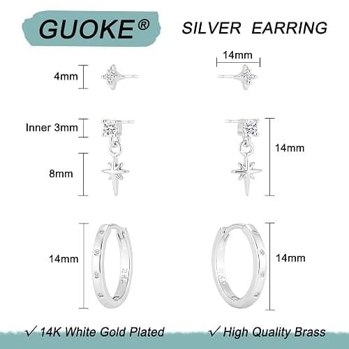 GUOKE 3 Pairs Earring Stacks, Gold Earring Set Jewelry Gift for Women | Small, 14K Gold/White Gold/Black/Rose Gold Plated, Hypoallergenic, Her, Everday, Stackable, Simple, 3 Holes thumbnail 5