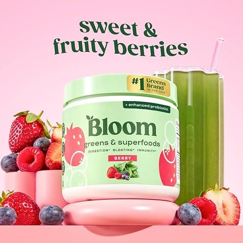 Bloom Nutrition Superfood Greens Powder, Digestive Enzymes with Probiotics and Prebiotics, Gut Health, Bloating Relief for Women, Chlorella, Green Juice Mix with Beet Root Powder, 30 SVG, Berry - Berry - 30 Servings (Pack of 1) thumbnail 2