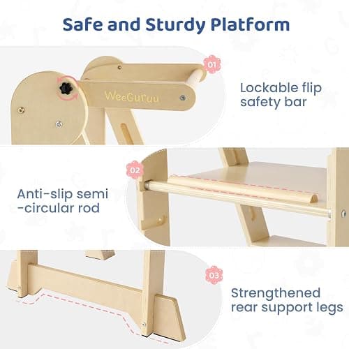 WeeGuruu Foldable Toddler Standing Tower, Height Adjustable Kitchen Tower with Safety Rails and Anti-Slip Device, Wooden Kids Kitchen Stool Helper for Ages 18 Months to 6 Years - Natural thumbnail 4
