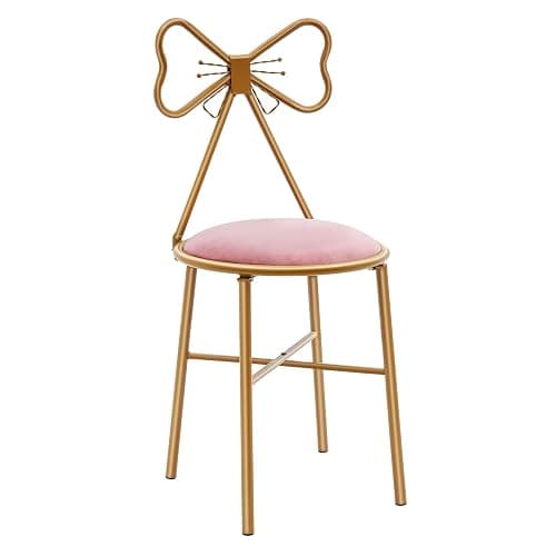 DYRABREST Makeup Vanity Chairs Stool for Bedroom with Bow Knot Backrest and Velvet Cushion Bedroom Pink Princess Chair with Golden Metal Leg for Girl Room 32.3 inch Tall (Dark Pink) - Image 1