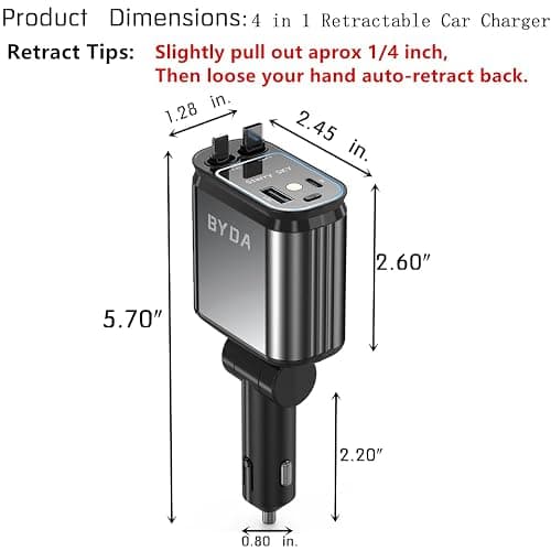 4 in 1 Retractable USB C Car Charger,69W with Starry Light,Fast Charging for iPhone 16/15/14/13/12,iPad,Android,Galaxy,Pixel,Cigarette Lighter Adapter (ForLightning+USB-C) - Lightning+USB-C - Grey thumbnail 7