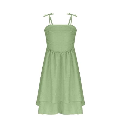 duxyoz Girl's Summer Dresses Spaghetti Strap Swing Pleated Cotton Dress Tween Kids Flowy Front Ruched Boho Beach Casual Midi Sundress for Princess Birthday Party Wedding Prom Gown thumbnail 4