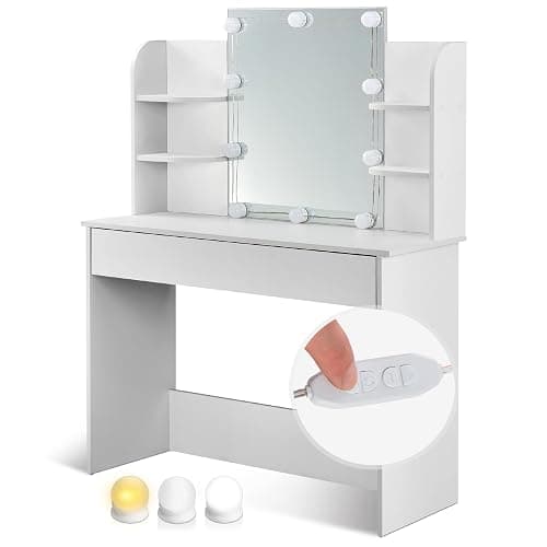 Juskys Coiffeuse Bella avec Miroir, éclairage LED, tiroir et 4 étagères, 108x40x140cm, Coiffeuse cosmétique Lumineux - Table de Maquillage pour Adulte et Enfant Fille - Blanc - Image 1
