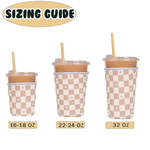 Reusable Insulated Neoprene Iced Coffee Cup Sleeve, Durable Drink Sleeve for Cold Beverages, Beverage Holder for Iced Coffee, Floral Checkers thumbnail 5