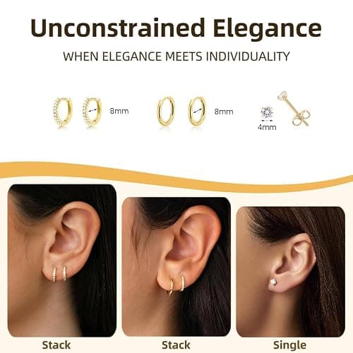 3 Pairs Cute Small Gold Filled Hoop Earrings Set for Women Diamond-Like Shine Cubic Zirconia Stud Earrings for Sensitive Ears thumbnail 5