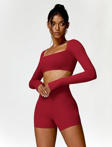 ABOCIW Workout Sets for Women 2 Piece Square Neck Long Sleeve Crop Tops High Waist Biker Shorts Gym Sets thumbnail 3