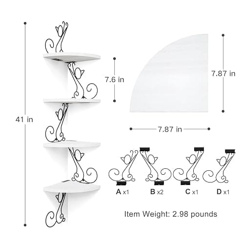 Alsonerbay 4-Tier Cat Shaped Corner Floating Shelf Wall Mount, White | Curved solid wood, 35.2 lbs total capacity, reinforced metal bracket, rustic decor, for bedroom, living room & kitchen thumbnail 3