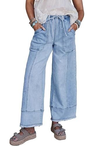 SHEWIN Women's Wide Leg Jeans High Waisted Baggy Jeans Stretchy Drawstring Denim Pants - Image 1