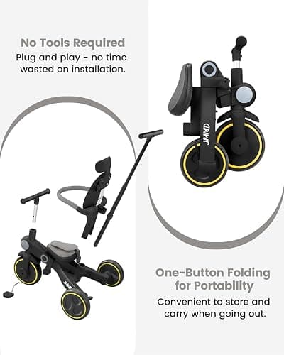 JMMD Baby Tricycle, 7-in-1 Multifunctional Kids Trike with Adjustable Parent Handle, Safety Harness & Wheel Brakes, Removable Canopy, Stroll Trike for Boys & Girls Ages 18 Months-5 Years, Black thumbnail 7