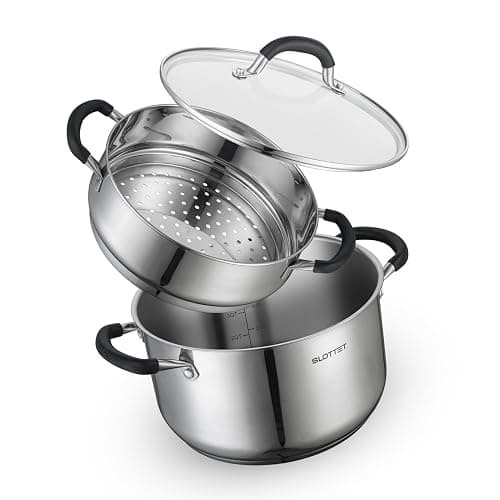 SLOTTET 6 Quart Stainless Steel Stock Pot with Steamer,6 Qt Multipurpose Stockpot with Stay-cool silicone Handle and Glass Lid,Soup Pot for Cooking - Image 1