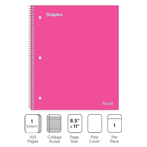 Staples Poly Cover 1-Subject Notebook, 8.5x11 Inch, College Ruled, Pink | Durable poly cover for school, office, and everyday note-taking. thumbnail 3