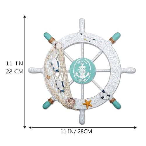 Meching 2 Pack 11" Nautical Beach Wooden Ship Wheel and 13" Wood Anchor with Rope Nautical Boat Steering Wheel Rudder Anchor Wall Decor Door Hanging Ornament Beach Theme Home Decoration(White&Green) thumbnail 2