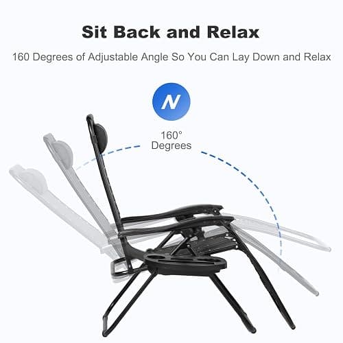 Nazhura Set of 2 Relaxing Recliners Patio Chairs Adjustable Steel Mesh Zero Gravity Lounge Chair Beach Chairs with Pillow and Cup Holder Black thumbnail 4
