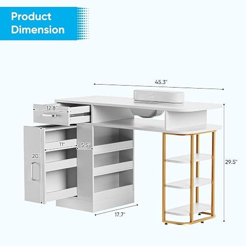 TABU Professional Manicure Table, Large Nail Table for Nail Tech with Pull-Out Drawers& Opening Storage Cabinets, Nail Workstation with Dust Collector, Wrist Cushion, White thumbnail 3
