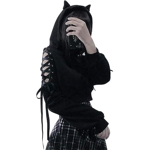 Loalirando Women's Cute Cat Ear Crop Top Oversized Hoodie Off Shoulder Hollow Out Long Sleeve Black Punk Gothic Sweatshirts (Black, Small) thumbnail 2