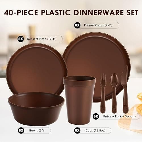 40 Piece Plastic Dinnerware Set for 8 with Cutlery, Unbreakable Plates and Bowls Set, Dishwasher & Microwave Safe Reusable Dish Set for Camping, RV, Outdoor Kitchen, Apartment Dining, Brown thumbnail 3