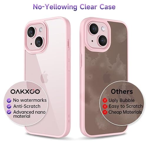 oakxco Thin Slim Clear case for iPhone 15 iPhone 14 iPhone 13 Case, Transparent Hybrid Hard Plastic & Soft Silicone Rubber Bumper, Non-Yellow Acrylic Protective Cover for Women Girl, Light Pink thumbnail 4