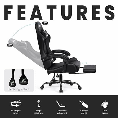 N-GEN GAMING Video Gaming Chair with Footrest Lumbar Support for Home Office High Back Recliner Height Adjustable Ergonomic Comfy Leather Computer Desk Chair (Black) thumbnail 5