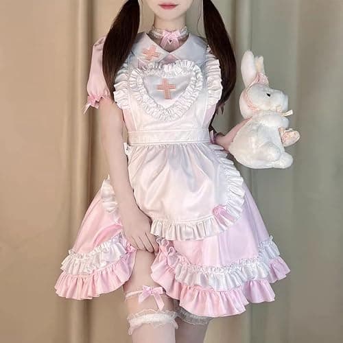 Ulalaza Gothic süße Mädchen Prinzessin Puppenkragen Spitze Schürze Retro Rüschentaschen mit Kopfschmuck Französisch Maid Kostüm thumbnail 8