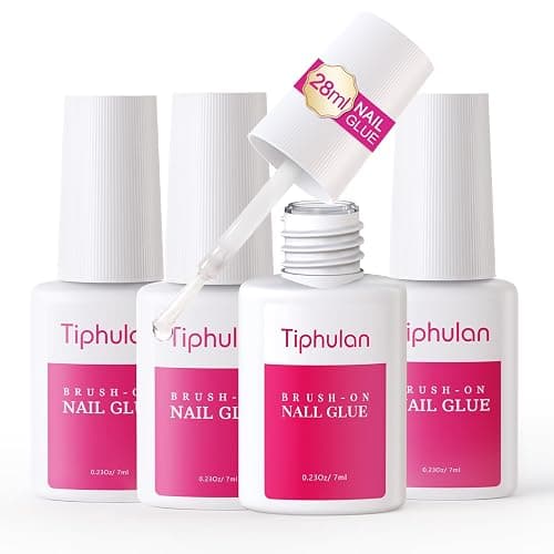 TIPHULAN Super Strong Nail Glue for Press Ons & Nail Tips, 4 Tubes | 28 mL Brush On Nail Glue-No UV Needed, Precision Brush Applicator, HEMA-Free, Long-Lasting for Salon, Travel and At-Home DIY - Image 1