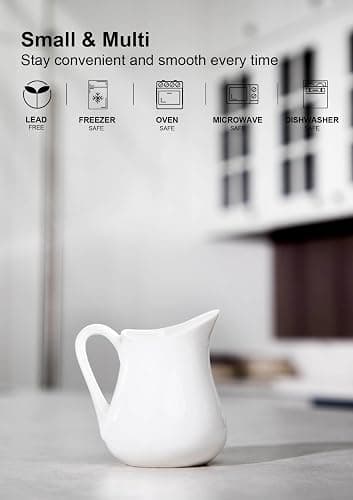 Nucookery 8 Oz Classic White Fine Porcelain Creamer with Handle,Small Creamer Pitcher For Sauces Salad Coffee Milk More,Microwave & Freezer Safe (8-Ounce, Set/1) thumbnail 4