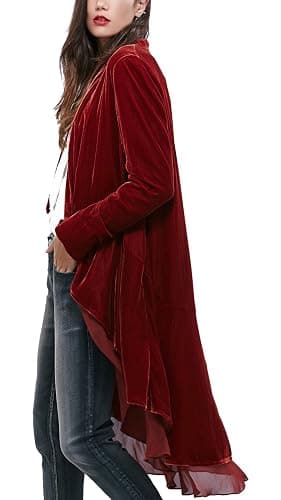 Urban CoCo Women's Long Sleeve Velvet Cardigan Coat with Asymmetric Chiffon Hem thumbnail 2