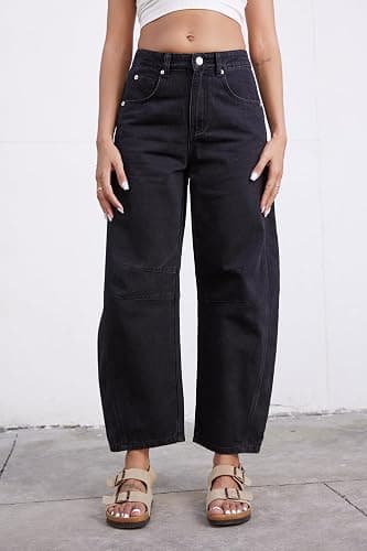 GREAIDEA Mid Rise Barrel Jeans for Women Wide Leg Mid Waist Cropped Denim Pants Y2k Baggy Boyfriend Jeans with Pockets thumbnail 3