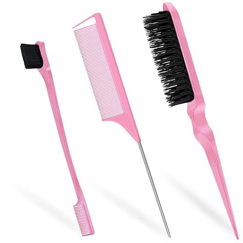 Qufiiry 3-Piece Hair Slick-Back Brush Set - Teasing & Edges Brush for Women's Salon Styling - Pink - Image 1