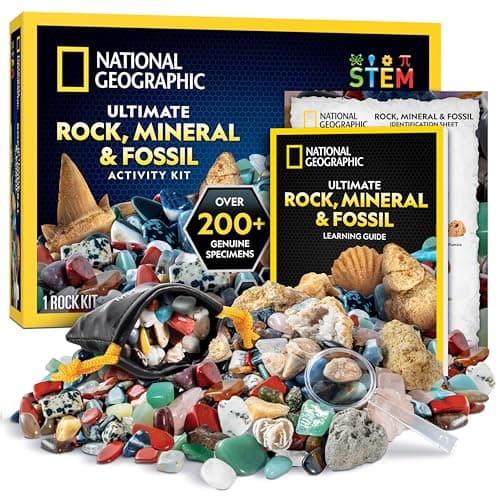NATIONAL GEOGRAPHIC Rock Collection Box for Kids – 200 Piece Gemstones and Crystals Set Includes Geodes and Real Fossils, Rocks and Minerals Science Kit for Kids, A Geology Gift for Boys and Girls - Image 1