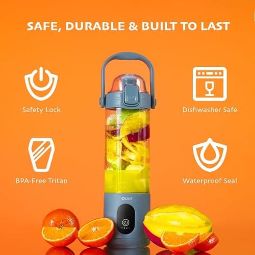 QUIK Portable Blender - Cordless 24oz. Personal Blender for Shakes and Smoothies, Licuadora, BPA Free - Ice Crush, Dishwasher safe parts, Waterproof, Triple Batteries, Juicer Cup, Black thumbnail 5