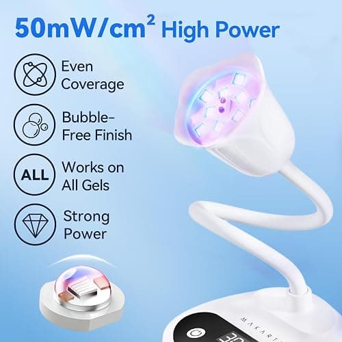 Makartt Flash Cure UV LED Nail Lamp for Gel-X Tips, Adjustable Gooseneck | 50 mW/cm² Cordless Rechargeable UV Light with Auto Sensor & 4 Timers & 10 Beads for Fast Gel Curing Home DIY Salon Use, White thumbnail 4