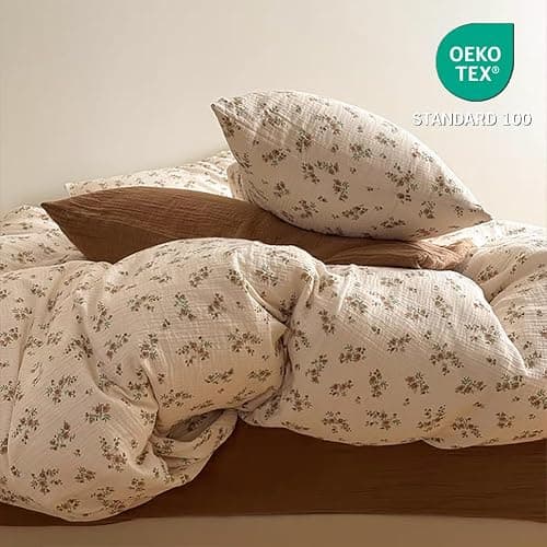 AShanlan Doppelte Musselin Bettwäsche 220x240 cm Baumwolle Vintage Blumenmuster Bettwäsche-Sets ÖKO-TEX Zertifizierte 1 Bettbezug und 2 Kissenbezüge 80x80 cm mit Reißverschluss thumbnail 4