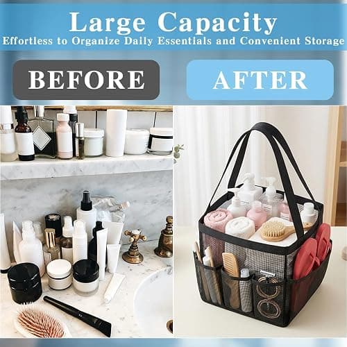Mesh Shower Caddy, Portable Black Beach Tote Bag for Bathroom Dorm Essentials, Quick Dry Toiletry Organizer Large with 2 Handles 9 Pockets for Swim Pool Gym College Camp Travel Women Men Basket Bag thumbnail 6