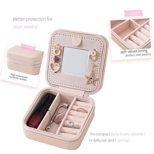 KElofoN Travel jewelry case Travel jewelry box Travel Jewelry Organizer Small box Gift for Girls Women with Mirror(Pink) thumbnail 4