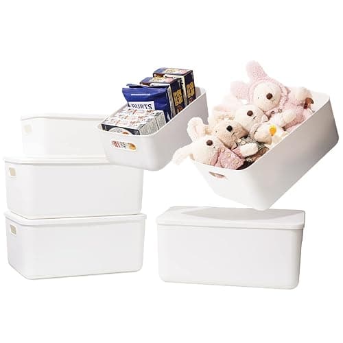 Yishyfier Plastic Storage Baskets Bins Boxes With Lids,Organizing Container White Storage Organizer Bins For Shelves Drawers Desktop Playroom Classroom Office,6-Pack(4M+2S) - Image 1