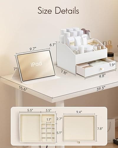 Vlando Makeup Organzier,Vanity Organizer with Drawers, PU Leather Skincare Organizer Perfume Organizer,Large Cosmetic Display Case for Lipstick,Brushes Gifts for Women-White thumbnail 2