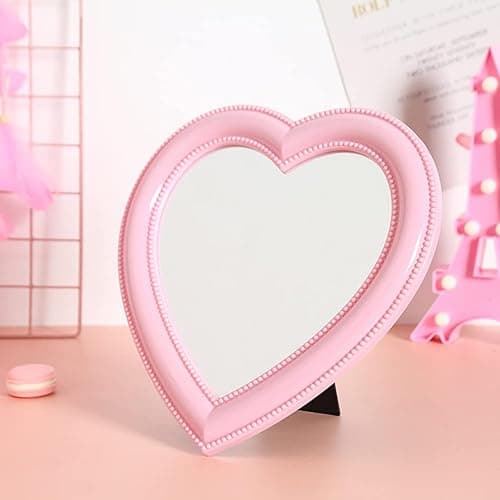Mokoze Desk Heart Mirror, Wall Mounted Mirror with Bracket Hanging Hole, 11"x10.6" Light Pink for Table Home Room Decor, Birthday Gift for Girl Women thumbnail 2