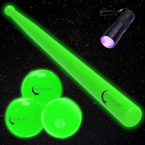 NiteSport Glow in The Dark Plastic Baseball Bat w/ 3 Glow in The Dark Plastic Baseballs Bundle UV Flashlight Included (Electric Lime) - Image 1