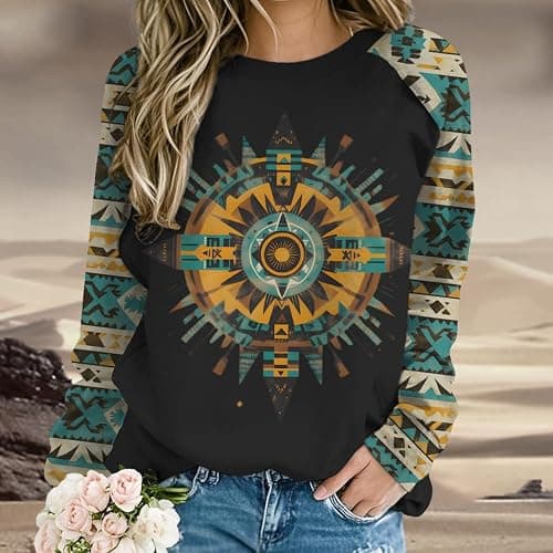 ZOCANIA Aztec Sweatshirt for Women Long Sleeve Cow Girls Outfits Womens Crewneck Loose Fit Women's Western Sweatshirts thumbnail 2