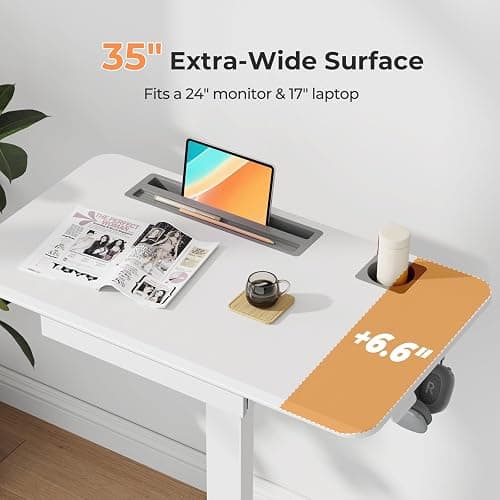 JYLH JOYSEEKER Mobile Standing Desk with Drawer, 35" Small Standing Desk with Cup Holder, Rolling Laptop Desk on Wheels, Height Adjustable Desk with Storage for Home Office, White thumbnail 5