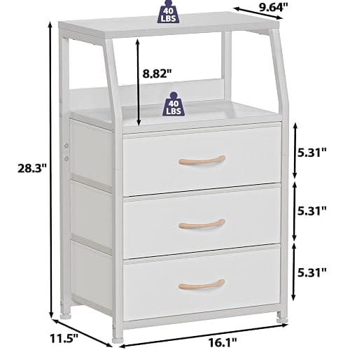Furnulem White Nightstand with 3 Drawers and 2-Tier Shelf, Small Night Stand End Table Side Furniture, Fabric Storage Organizer for Bedroom, Closet, Hallway, Nursery, Sturdy Steel Frame, Wood Top - White - 3 Drawers thumbnail 3